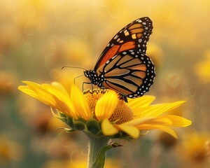 Obraz premium A butterfly resting on a yellow flower. AI.