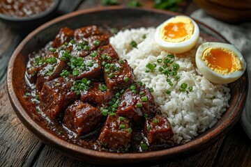 Fototapeta premium Braised Meat with Rice and Boiled Eggs in a Wooden Bowl