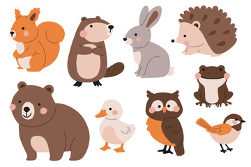 Vector illustration set of cute doodle woodland animals for digital stamp,greeting card,sticker,icon,design