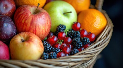 A vibrant assortment of fresh fruits including apples, oranges, berries, and more, displayed in a woven basket.