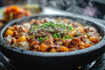 Fototapeta premium Steaming Bowl of Korean Bulgogi with Rice and Toppings