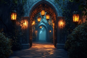 Obraz premium Enchanted Pathway with Glowing Lanterns at Dusk