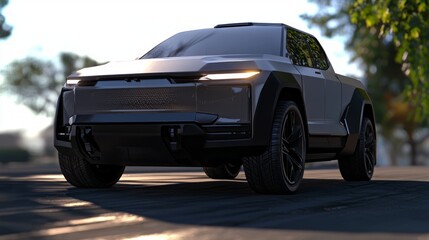 Futuristic Electric Pickup Truck Concept Design with Bold Front Grille and LED Lighting