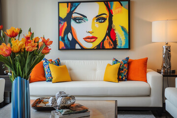 A white sofa with colorful throw pillows is placed in front of a bright painting of a woman's face
