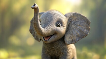 Elephant calf, raising trunk, funny face, generative ai