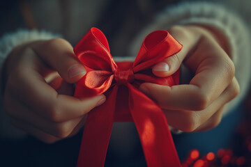 Hands tying a red ribbon on a gift box during a holiday celebration