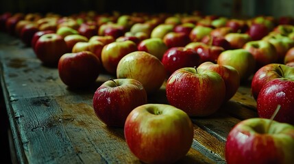 A close-up of numerous apples arranged neatly on a wooden surface, showcasing their vibrant colors and fresh appearance.