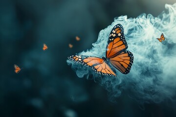 Fototapeta premium A Butterfly With Wings Made of Smoke, Leaving a Trail of Mist as It Flies