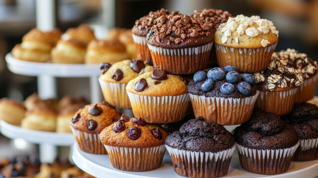 A vibrant display of assorted muffins stacked in a tower, featuring flavors like blueberry, chocolate chip, and lemon poppyseed.