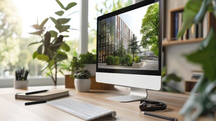 Fototapeta premium Modern Sustainability Consultancy Website Interface with Green Building Imagery