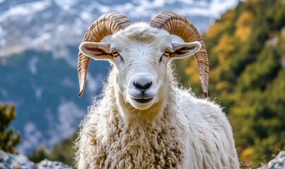 Close up portrait white ram goat, Austria