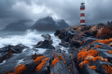 Obraz premium Lighthouse on rocky coast during storm with lightning 