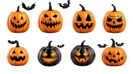Set of spooky Halloween jack-o-lantern pumpkins and bats isolated on transparent background