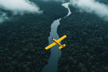 Yellow Plane Flying Over Lush Forest and River