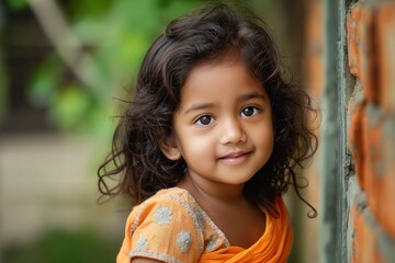 Young Indian girl with dark hair wears vibrant orange dress with white polka dots. Her face is lit up with a smile. Brick wall background adds rustic charm to scene. Focus on girl and colorful attire.