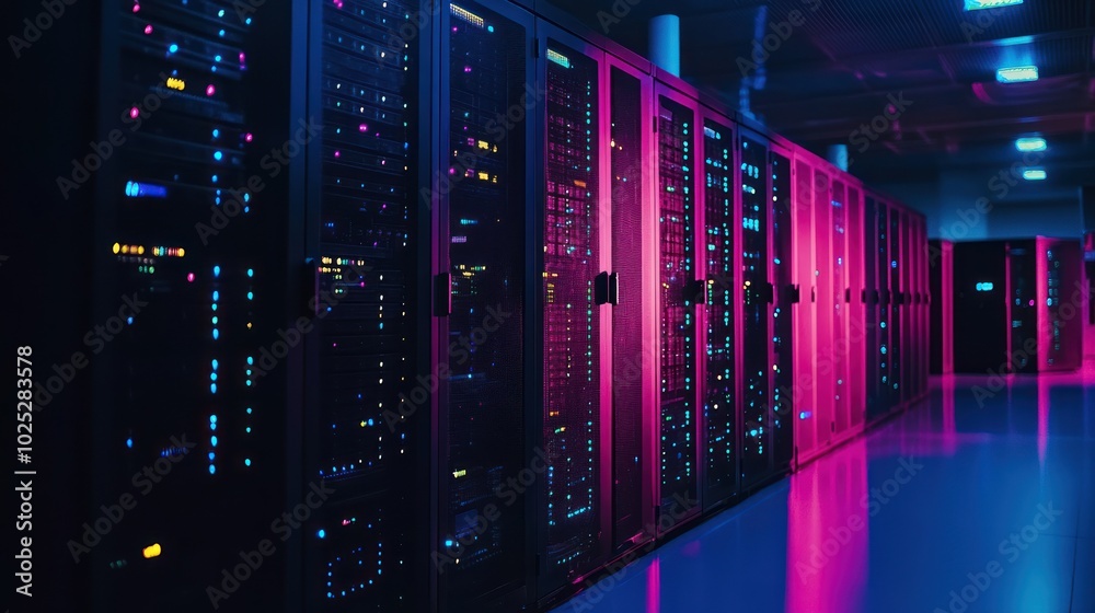 Poster Rows of illuminated server racks in a data center
