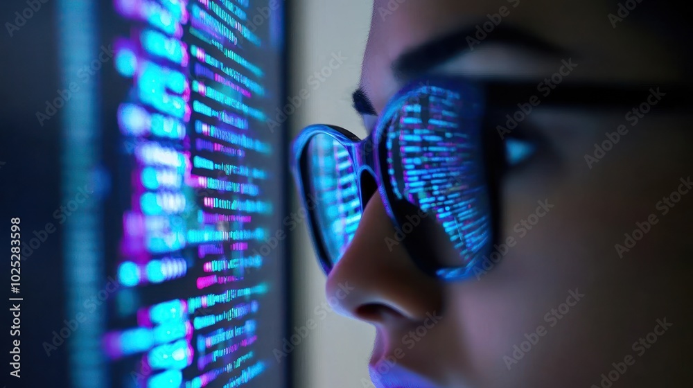 Poster a person wearing glasses reflecting computer code