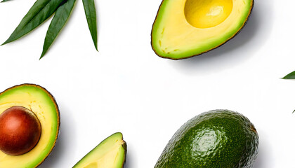 The image shows avocados and leaves on a white background