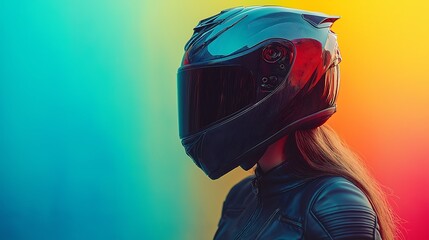 Woman wearing a medusa shaped motorcycle helmet, large blank space on the side, over a vivid background with faded mythical decals