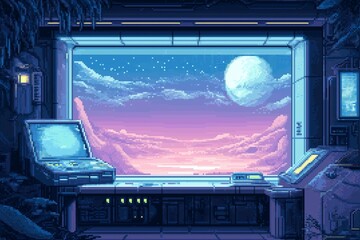 Obraz premium 8-bit pixel art scifi spaceship window video game welcome screen
