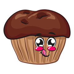 kawaii cartoon chocolate muffin with chocolate chip character mascot isolated vector illustration, work of hand drawn