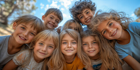 Obraz premium Together in Joy: Brown-Haired Kids Smiling at the Camera , group of friends smiling .