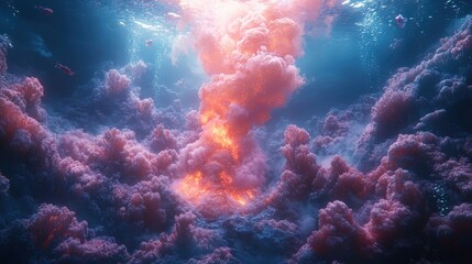 underwater scene with rocks, corals, and clouds created by an explosion, set against an abstract background