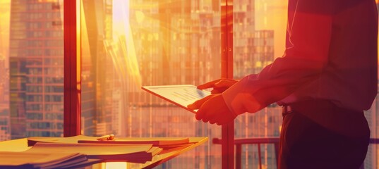 Business Professional Analyzing Financial Charts on Tablet in Modern Office with City View