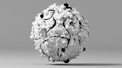 3d render of abstract art black and white monochrome with flying surreal ball or sphere based on small and big bubbles particles in different sizes as mosaic in a deformation rotation process 