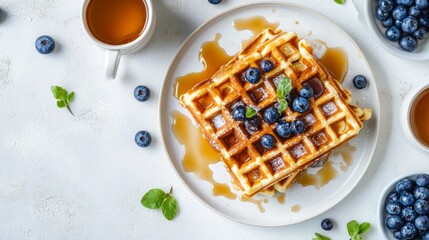 Waffles with caramel and blueberries on a white table with pours on top generative ai