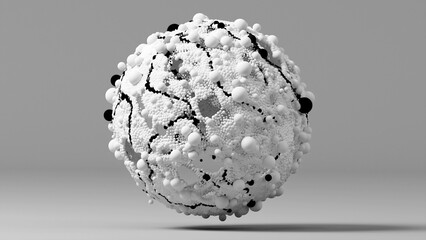 3d render of abstract art black and white monochrome with flying surreal ball or sphere based on small and big bubbles particles in different sizes as mosaic in a deformation rotation process 