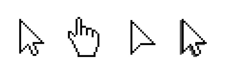Cursor icons set in hand, arrow forms, mouse click cursor set, arrow and hand pointer