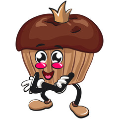 kawaii cartoon chocolate muffin with chocolate chip character mascot isolated vector illustration crowned like a king while folding his arms calmly, work of hand drawn