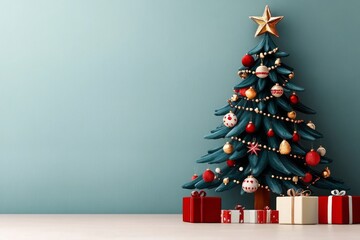 Fototapeta premium Whimsical watercolor painting of a Christmas tree adorned with playful, childlike decorations, creating a festive and joyful atmosphere