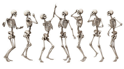  Set of dancing skeletons in different expressive poses isolated on transparent background