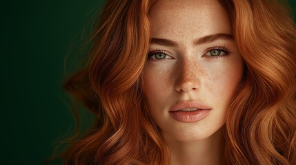 Naklejka premium hair dye packaging image featuring a woman with well-groomed, wavy copper red hair. Her hair should appear smooth, glossy, and voluminous, with rich copper tones