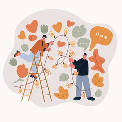 Cartoon vector illustration of a couple decorating a room with garlands