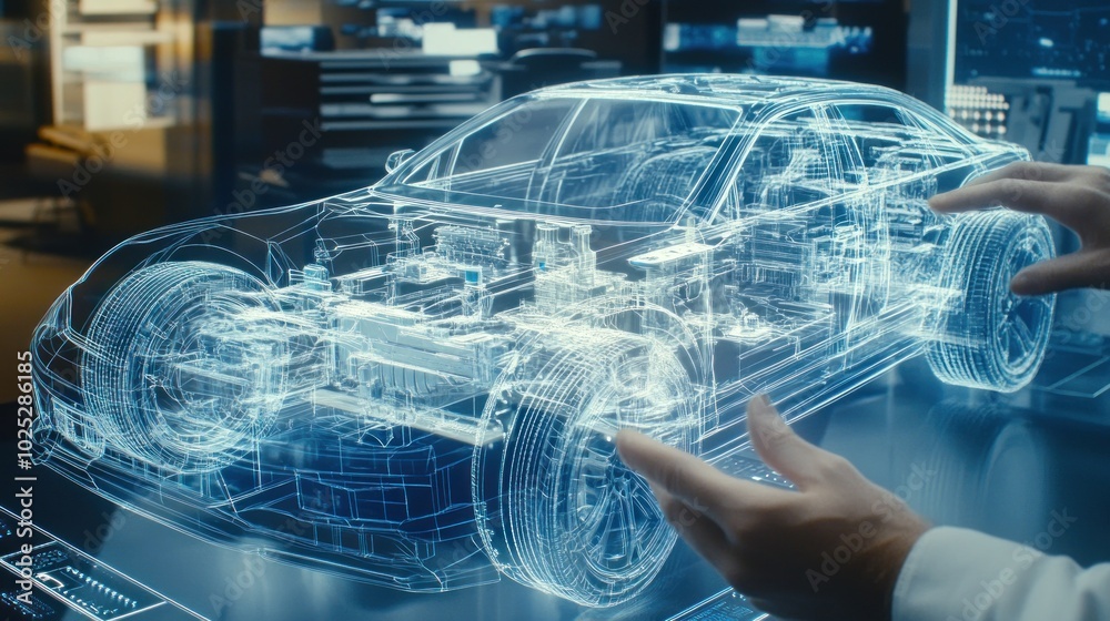 Poster a hand interacting with a holographic 3d model of a car