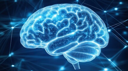Obraz premium A Wireframe Model of the Human Brain Against a Blue Network Background