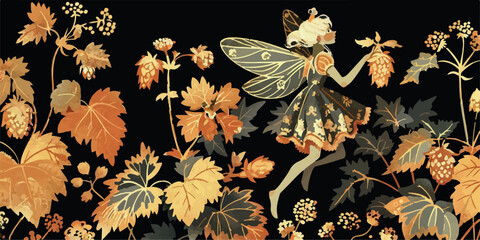 A whimsical fairy-themed illustration featuring golden floral elements and elegant fairies in natural dresses, set against a dark background, creating an enchanting and magical atmosphere.