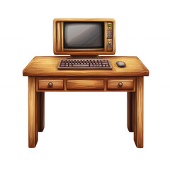Vintage wooden desk with retro computer, transparent background