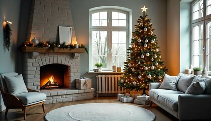 Christmas Tree in living room interior, presents, and a fireplace,Armchair, natural light, comfortable furniture, cozy place, created with generative ai