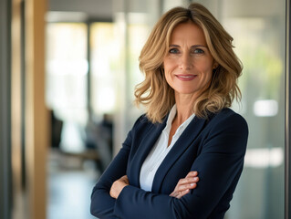 Confident businesswoman stands proudly in a modern office environment with a warm smile