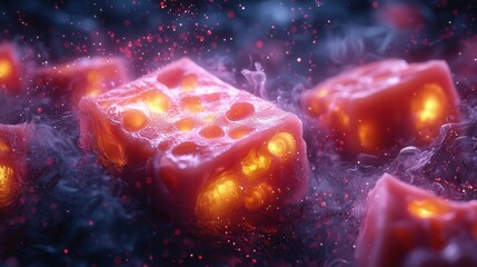 The image depicts abstract glowing pink blocks with holes, surrounded by colorful light and smoky effects. The creative design conveys a vibrant atmosphere.
