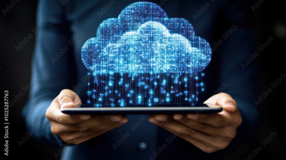 Poster digital cloud and data transfer on a tablet