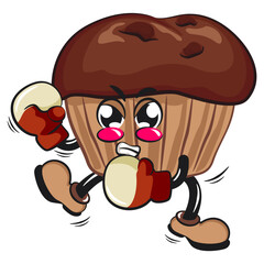 kawaii cartoon chocolate muffin with chocolate chip character mascot isolated vector illustration practicing boxing wearing boxing glove, work of hand drawn
