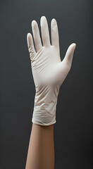 Obraz premium Female hand in white latex glove, on flat gray background, close-up, copy space. Concept of sterile cosmetology, medicine.