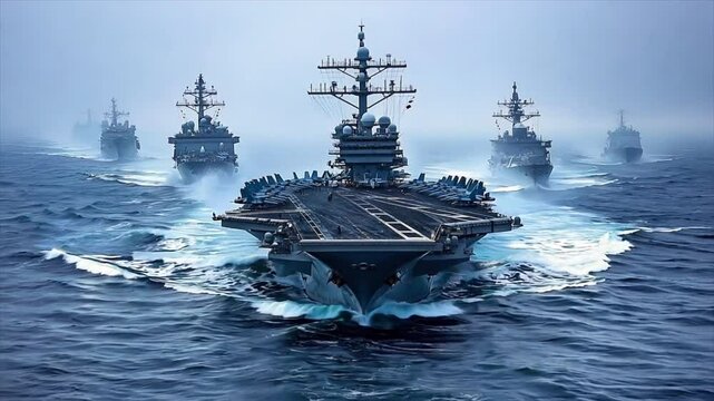 aircraft carrier in ocean with fleet Generative AI