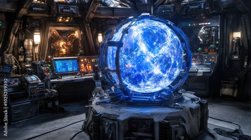 Poster glowing blue orb in a futuristic laboratory setting