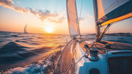 Sailboat crew maneuvers skillfully through choppy waters on a sunny afternoon near a coastal town